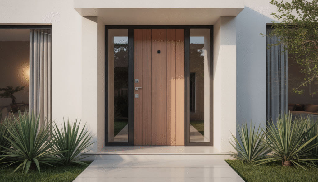 Photorealistic modern front door in wood or aluminum with secure lock and elegant design
