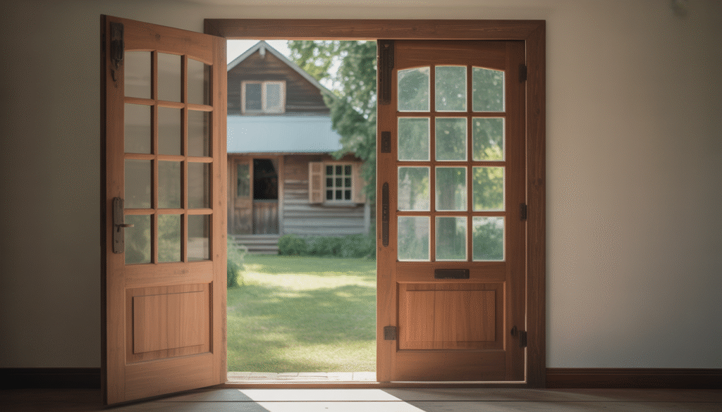Rustic wooden double Dutch door with top glass panel open