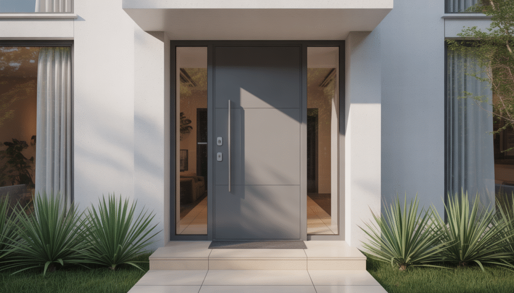 Photorealistic modern aluminum front door with secure multipoint lock