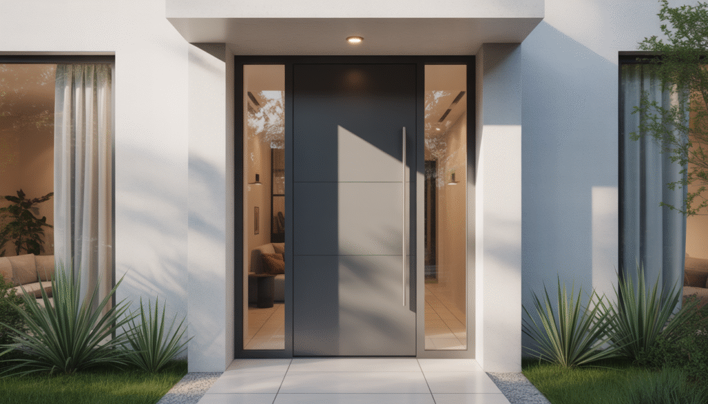 Contemporary aluminum front door with side glass panel on modern house