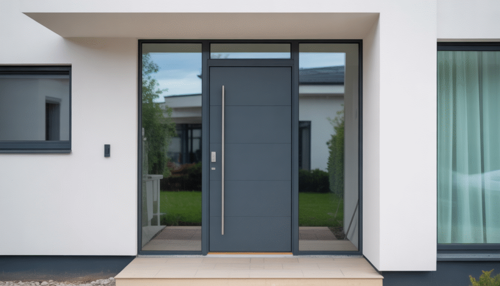 Renovated modern aluminum front door with secure glass panel
