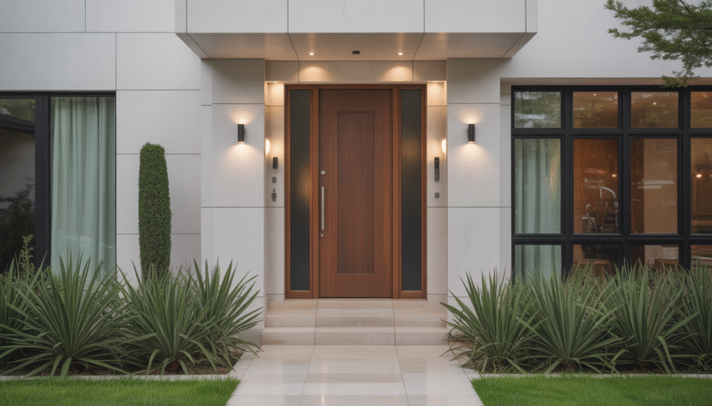 Elegant custom front door on a modern house façade with premium finishes