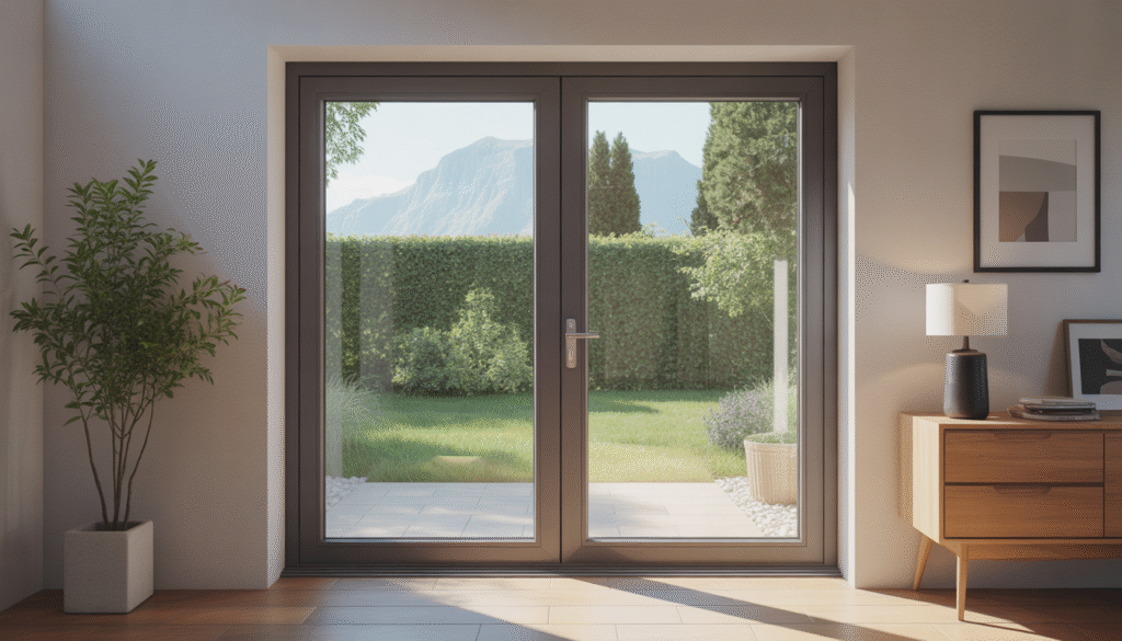Photorealistic PVC patio entry door with semi-transparent glass