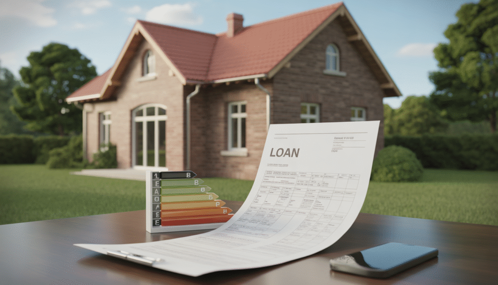 Vieille maison rénovée avec isolation, chauffage moderne et document de prêt sur une table