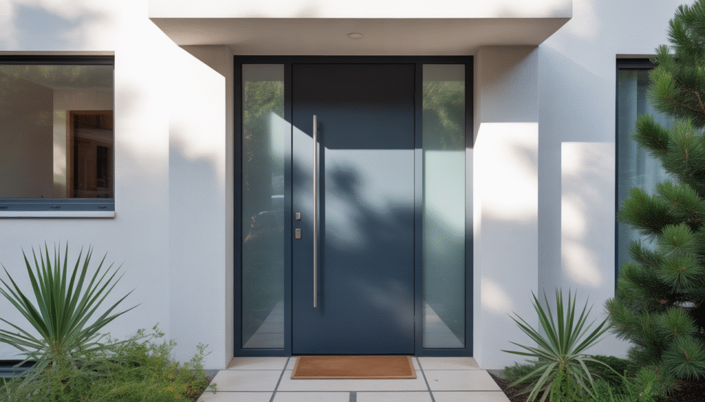 Contemporary aluminum front door with semi-transparent glass on modern house facade