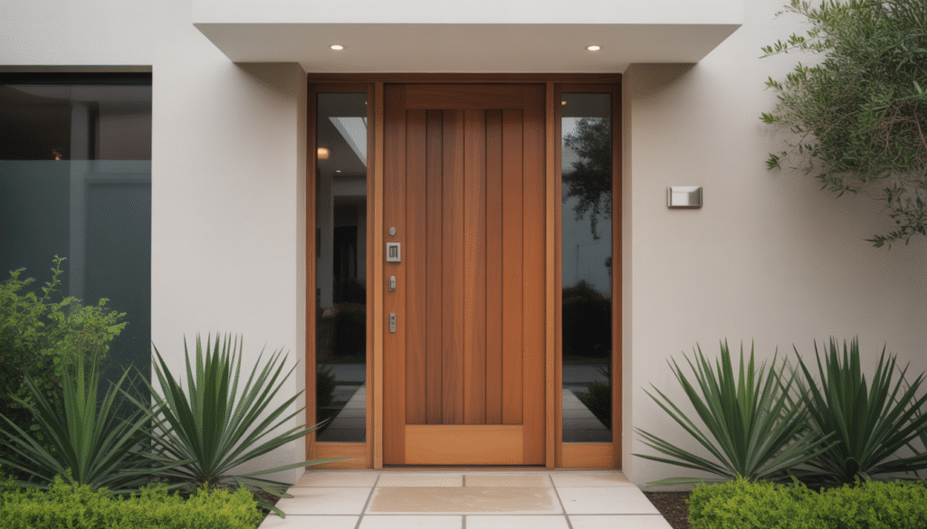 Contemporary wooden front door with secure multipoint lock and neutral-toned wall