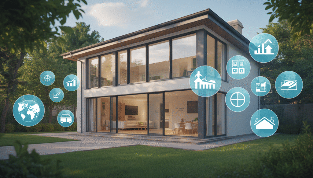 Maison moderne avec fenêtres double vitrage et icônes d’aides financières