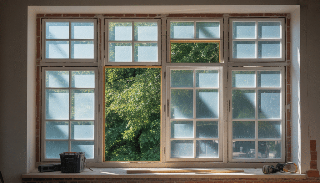 Photorealistic image of window renovation with frame preserved