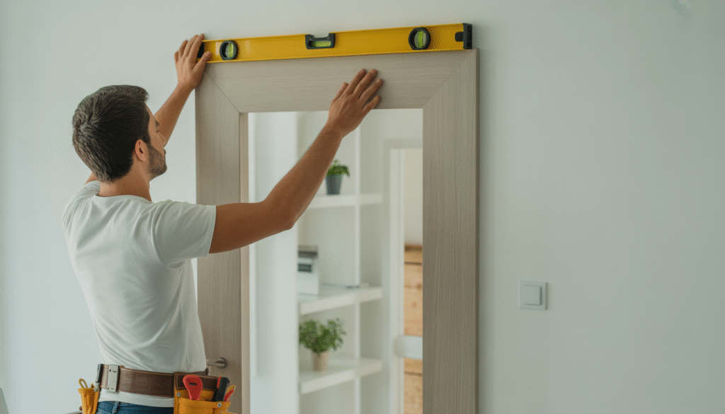 Professional carpenter aligning Lapeyre door frame with level tool