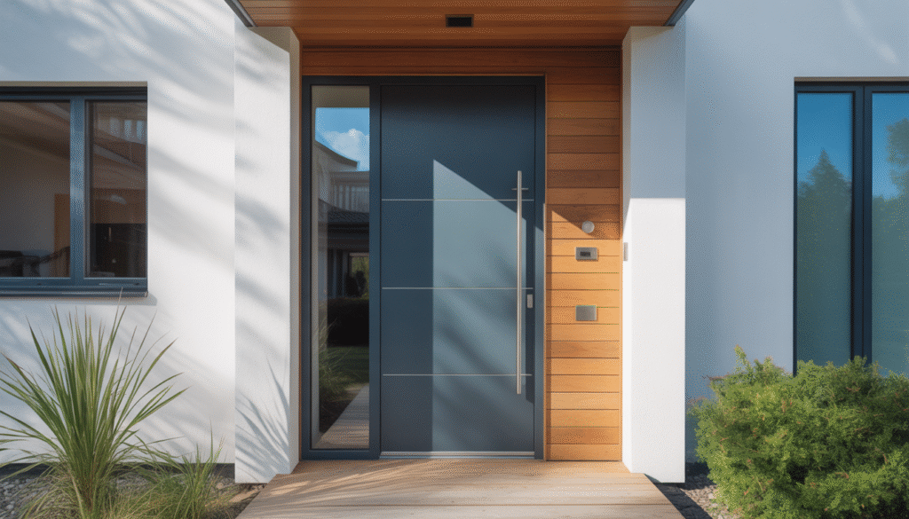 Modern aluminum front door with fixed glass panel in a contemporary home