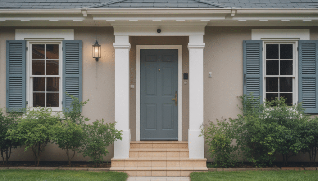 Single-leaf front door on a suburban home in daylight