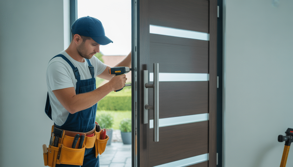 Skilled carpenter fitting a modern aluminum front door indoors