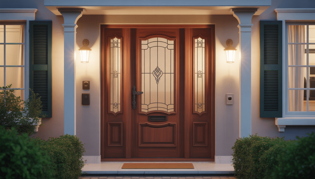 Photorealistic wooden front door with metal handle and glass panels