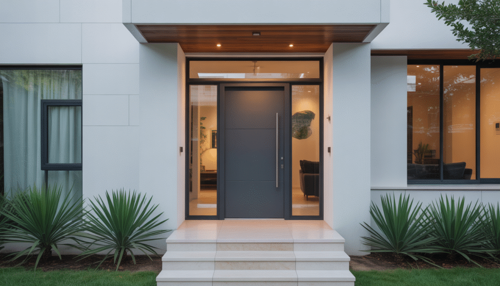 Contemporary house facade with modern aluminum front door and glass side panels