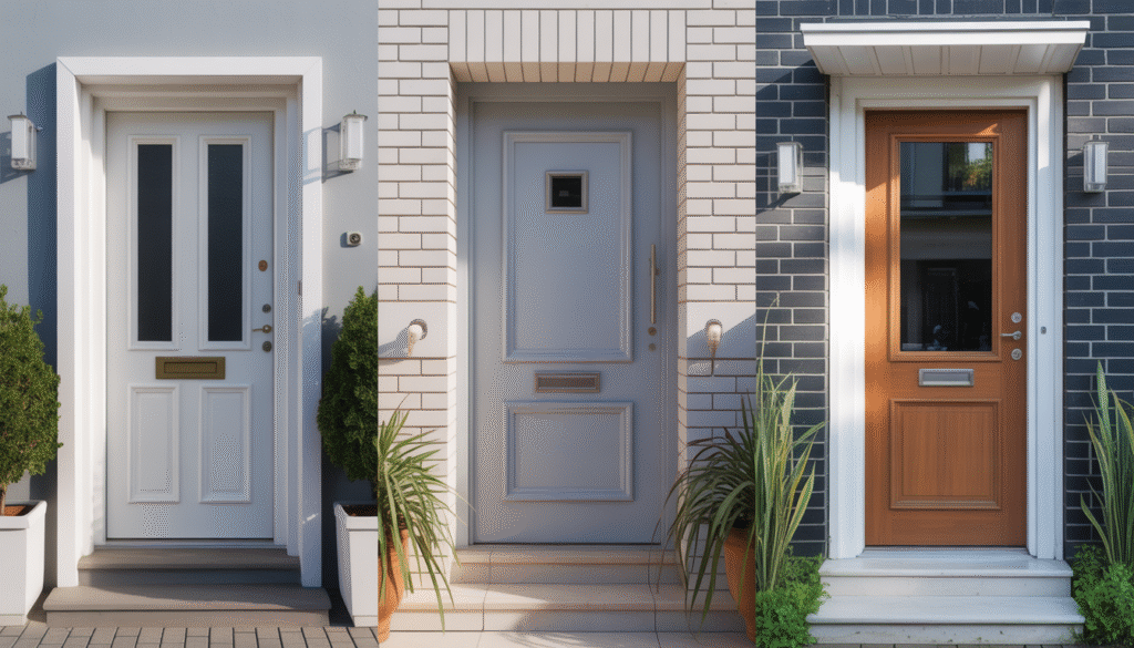 Trois entrées de maison avec portes en PVC, aluminium et bois