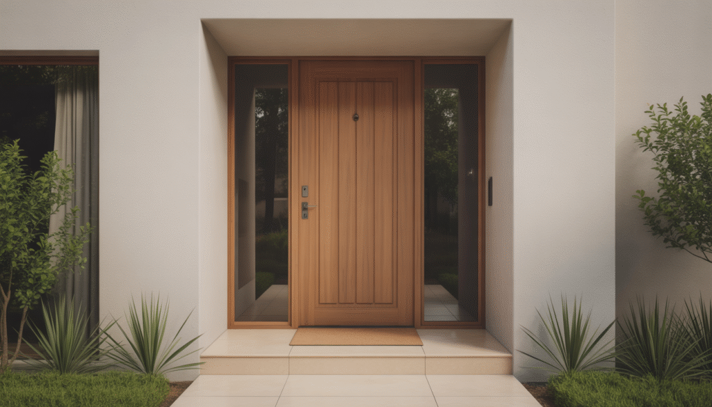 Photorealistic solid oak front door with secure lock, modern neutral wall