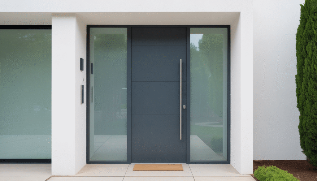 Contemporary aluminum front door with frosted glass, minimalist facade