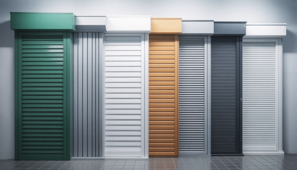 Different types of aluminum shutters including battant, rolling, folding, and sliding displayed side by side in photorealistic style with clear lighting