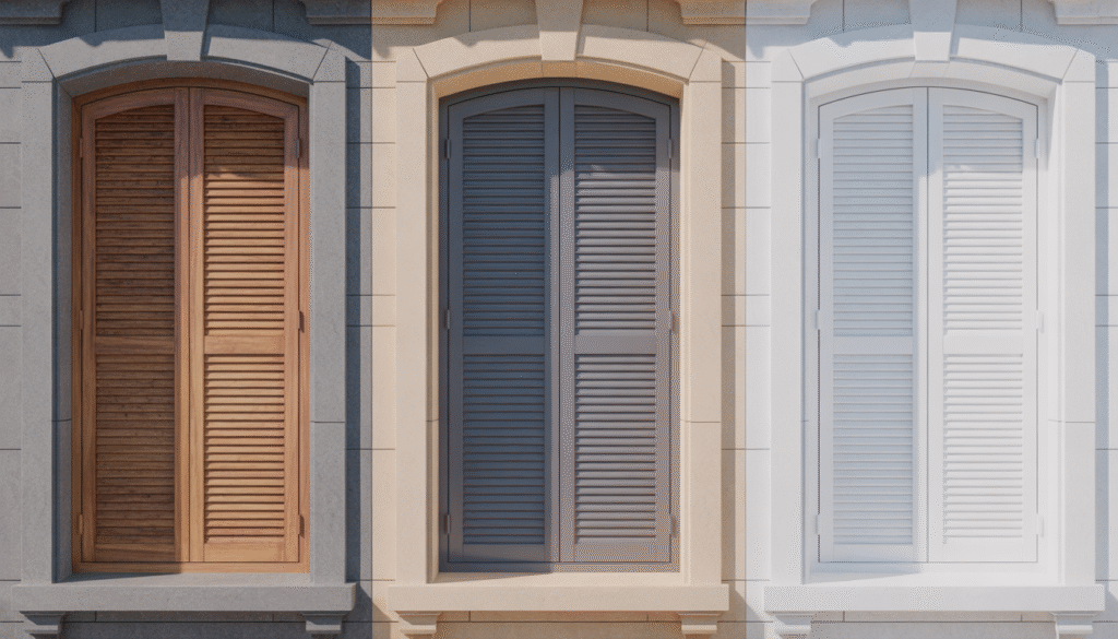 Trois volets de fenêtre alignés : bois naturel, aluminium moderne, PVC blanc avec textures détaillées