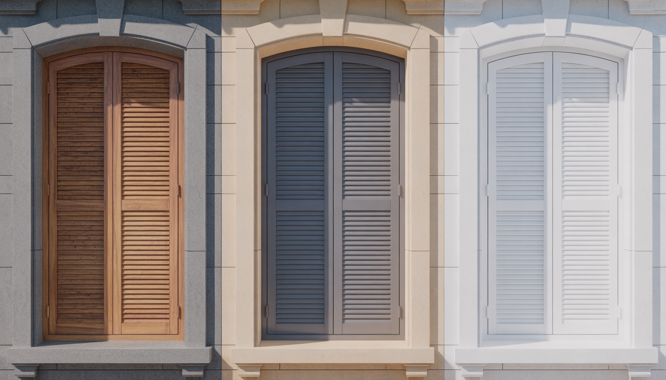 Trois volets de fenêtre alignés : bois naturel, aluminium moderne, PVC blanc avec textures détaillées