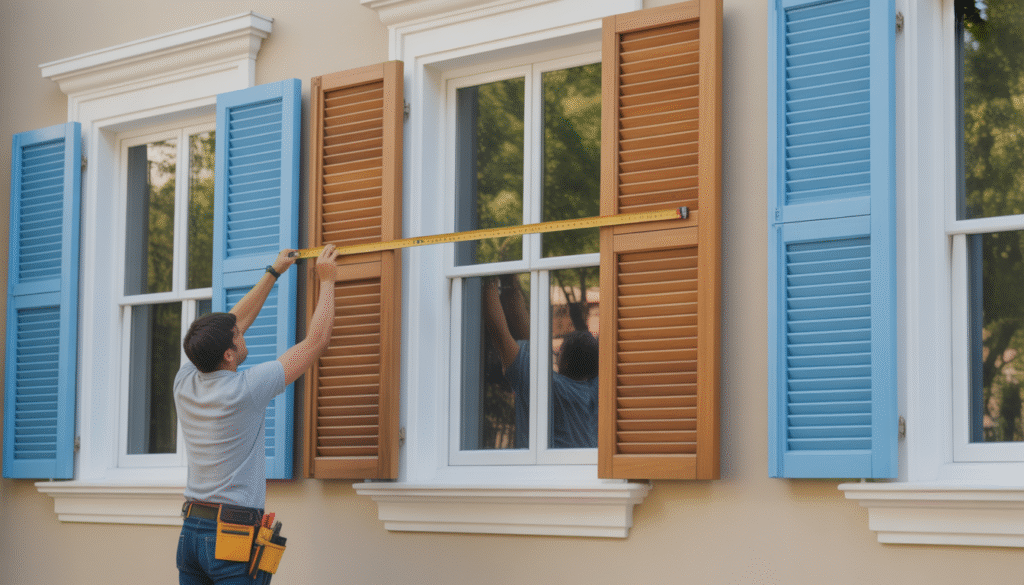 Un artisan mesure une fenêtre pour l'installation de volets, avec différents types de volets visibles en PVC, aluminium et bois sur la façade d'une maison