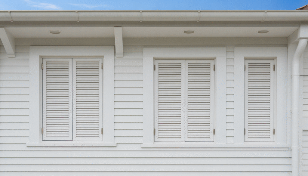 Volets en PVC blanc installés sur l'extérieur d'une maison résidentielle avec éclairage naturel