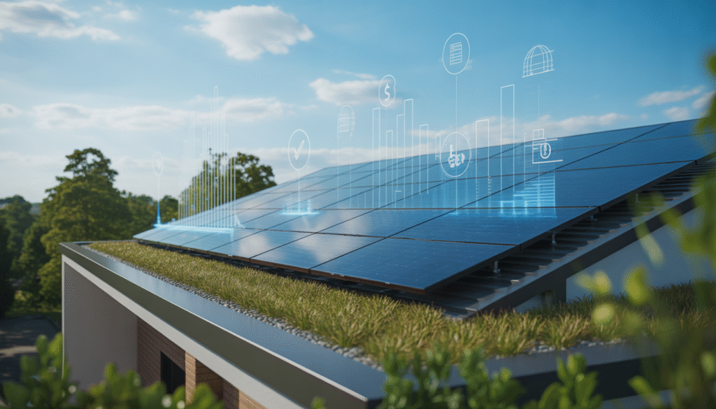 Maison moderne avec panneaux solaires sous un ciel bleu clair