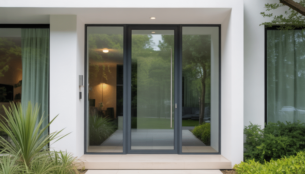 Modern glass front door in aluminum frame with natural light