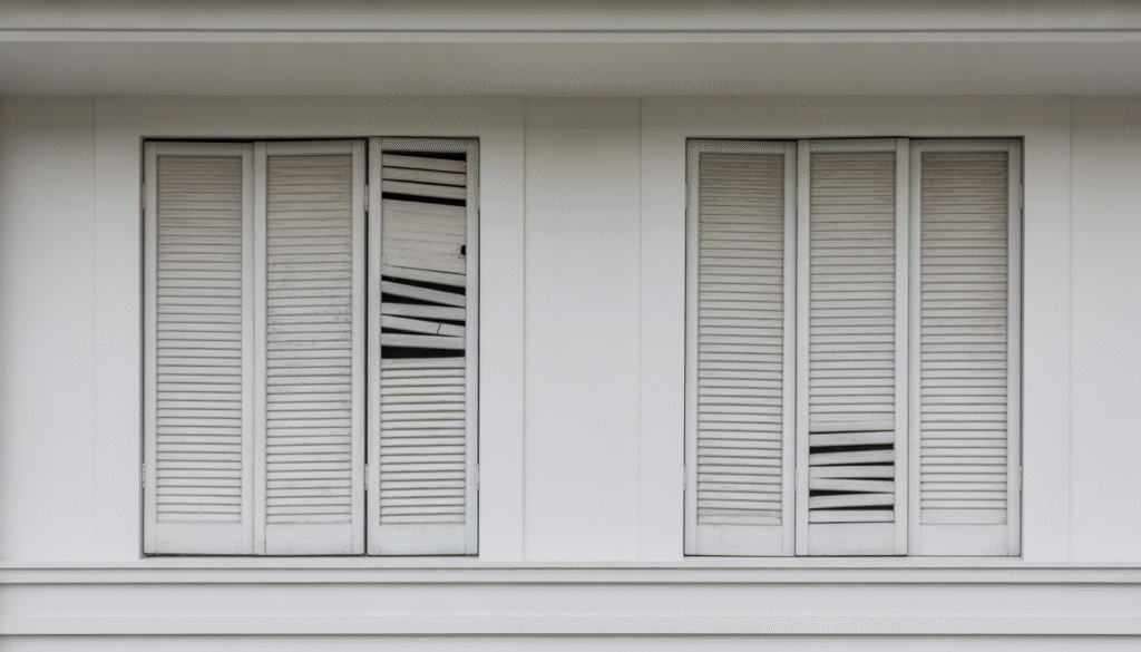 White PVC shutters on house exterior showing visible cracks and heat deformation damage