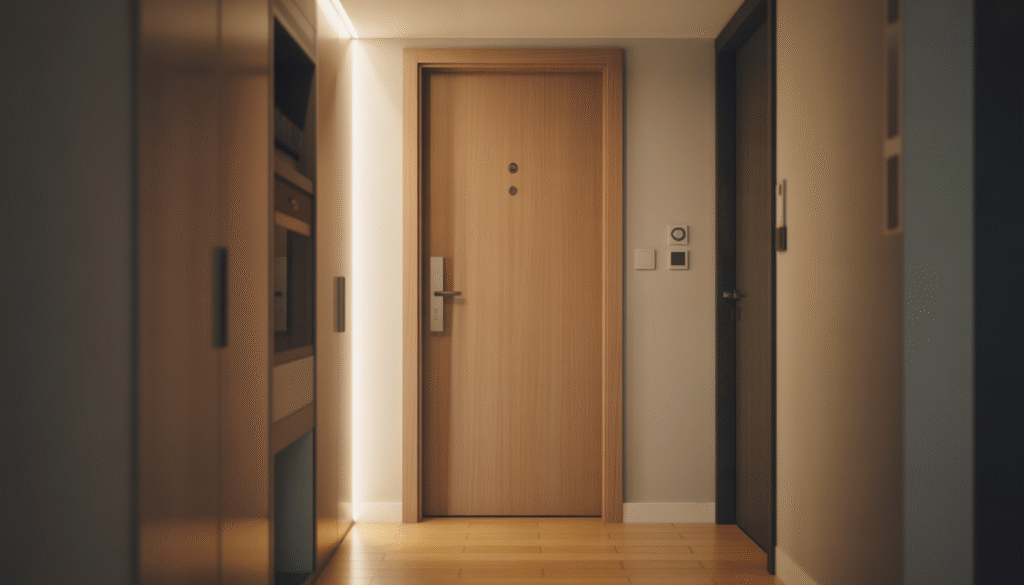 Photorealistic oak entrance door in a modern apartment hallway with warm lighting