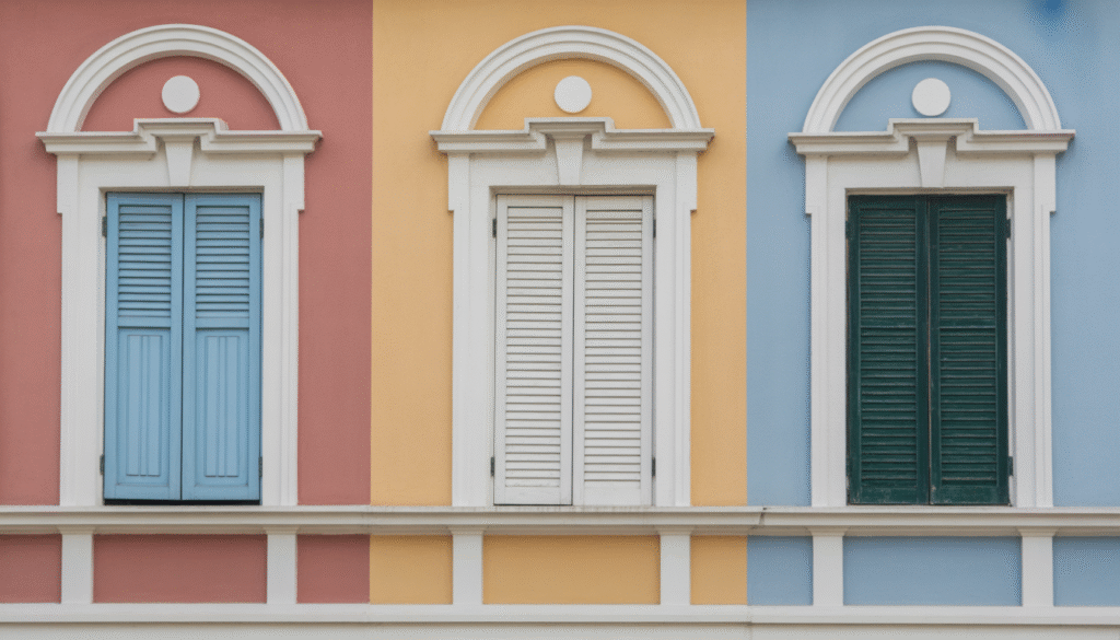 Various house shutters made of wood, aluminum and PVC materials in different colors and finishes on residential building facades