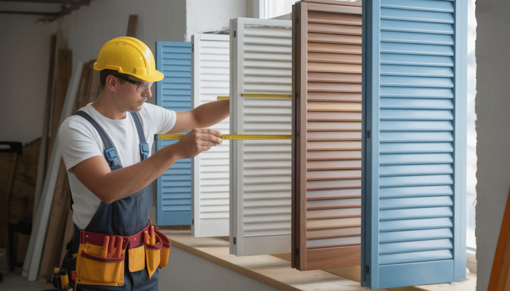Artisan professionnel mesurant une fenêtre avec différents matériaux de volets PVC, aluminium et bois exposés côte à côte dans un atelier