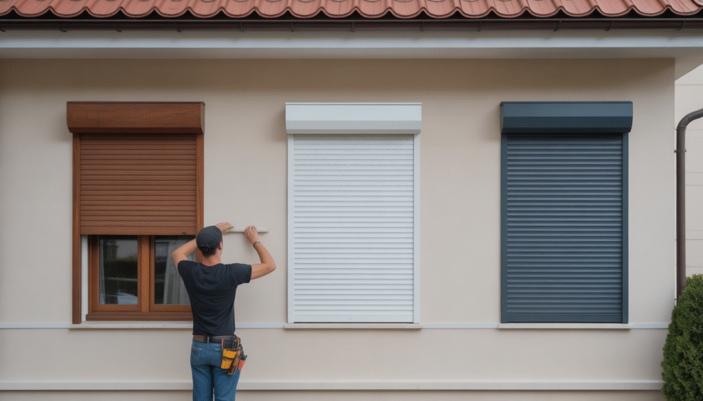 Artisan professionnel installant des volets en bois, PVC et aluminium sur la façade d'une maison