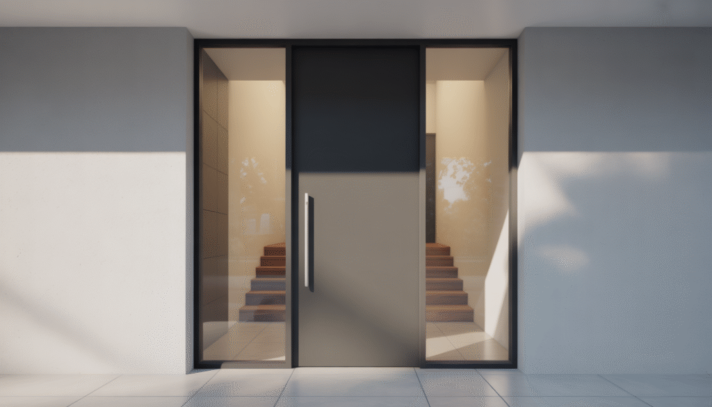 Photorealistic modern front door without handle, minimalist