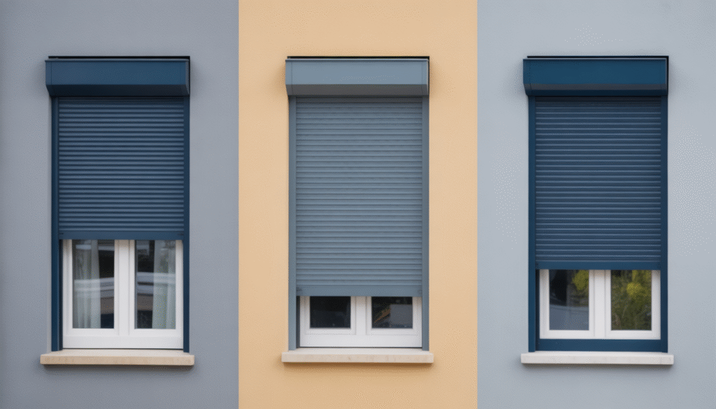 Comparaison de trois types de volets : volets roulants, volets pliants et volets battants sur une maison moderne, photographie architecturale détaillée
