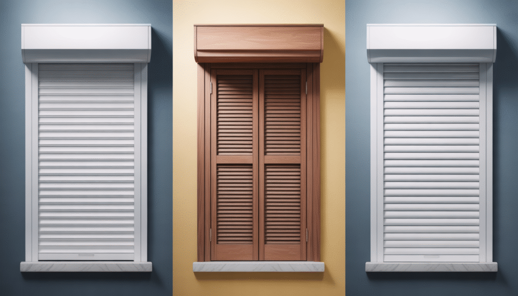 Photorealistic image showing aluminum roller shutter, wooden hinged shutter, and sliding shutter side by side
