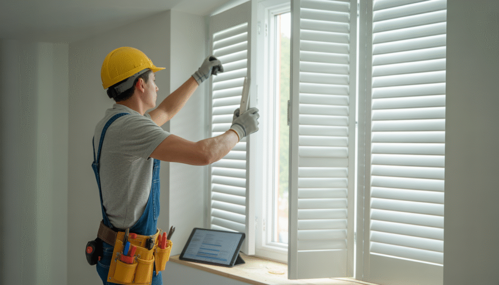 Artisan installant des volets en PVC blanc sur une fenêtre avec outils de construction et tablette en arrière-plan