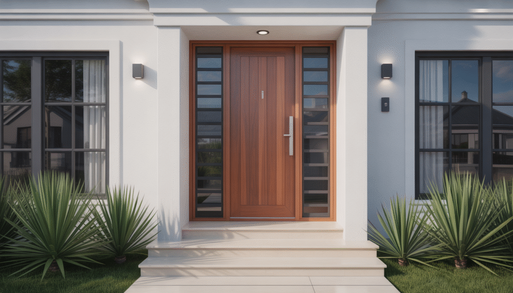 Photorealistic custom front door in wood or aluminum on modern house