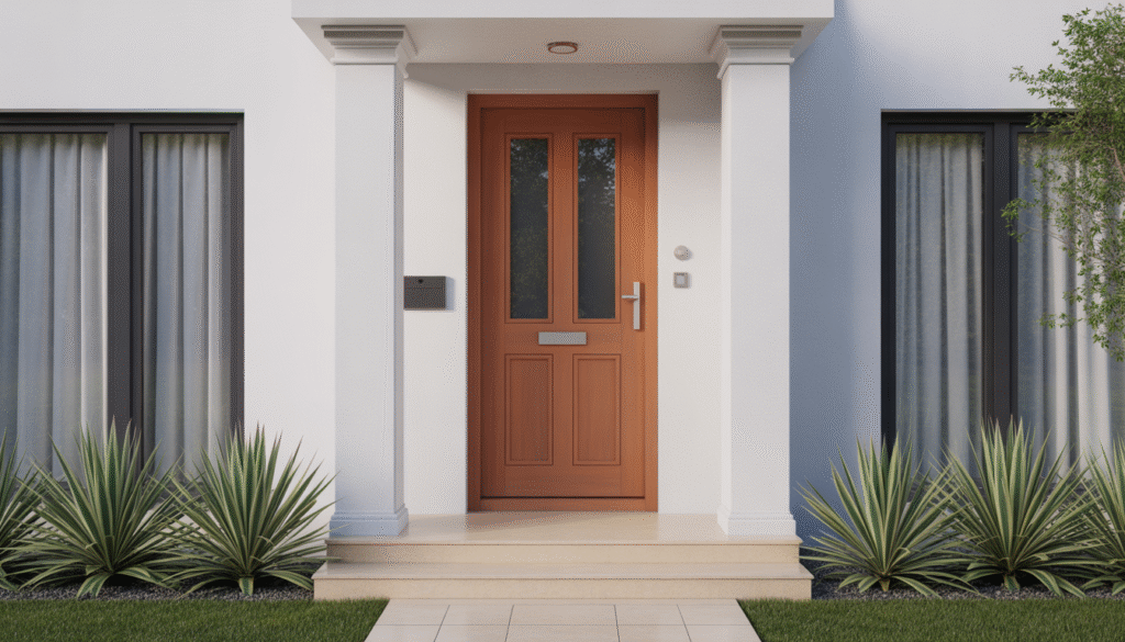 Photorealistic PVC front door on modern house with wood-effect finish