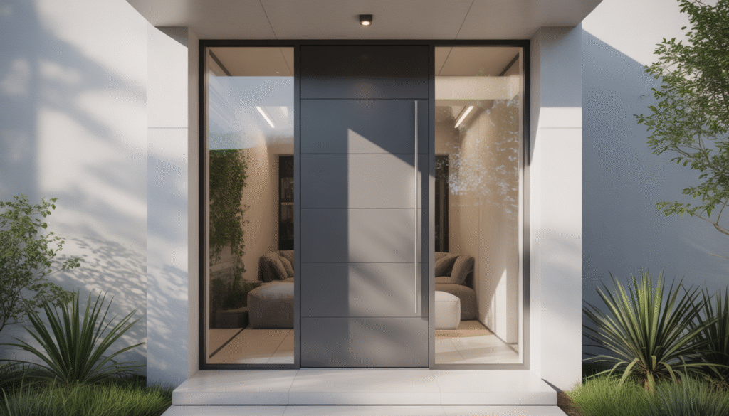 Photorealistic modern aluminum front door with large glass panel and natural light