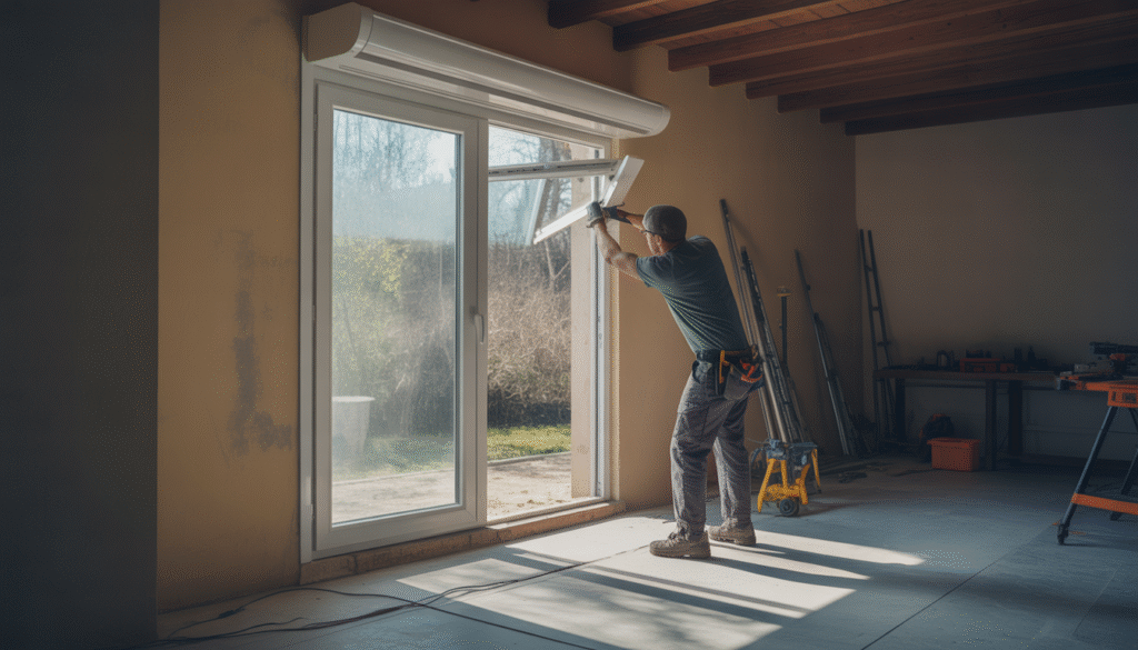 Un professionnel installe un nouveau volet roulant dans un intérieur éclairé.