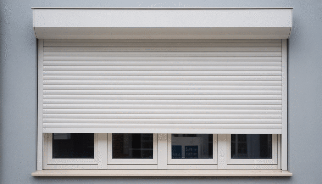 Volet roulant en PVC blanc avec lames de 40mm et moteur radio intégré sur fenêtre standard d'une maison moderne