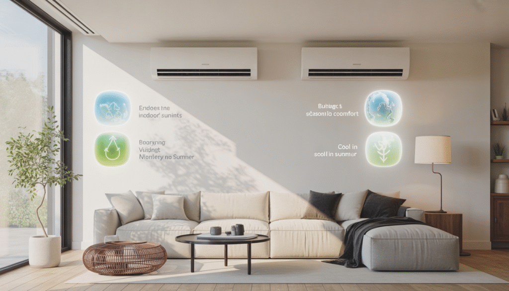 Climatisation réversible avec unités intérieure et extérieure dans un intérieur lumineux