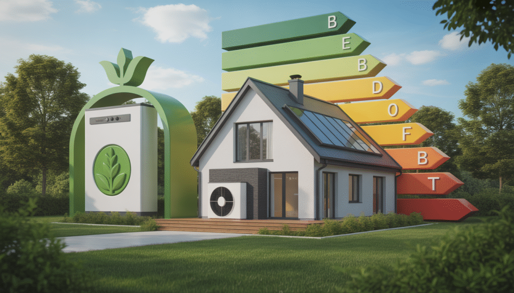 Maison moderne avec pompe à chaleur entourée de symboles d’économies d’énergie et d’aide financière
