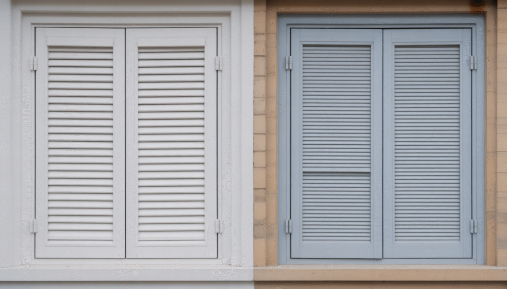 Deux volets battants côte à côte, un en PVC blanc léger légèrement déformé, l'autre en composite robuste à texture lisse