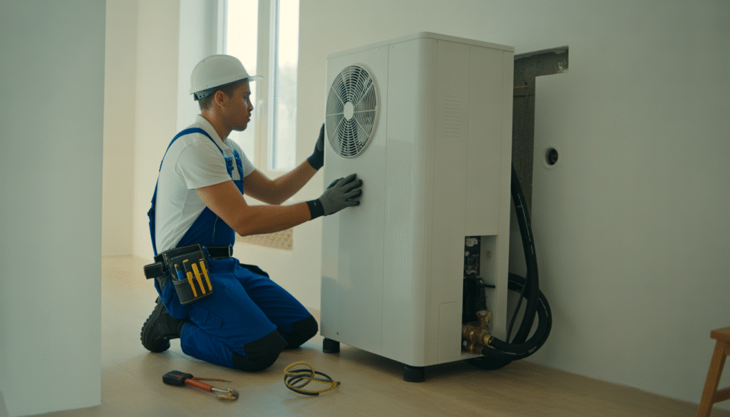 Technicien professionnel installant une pompe à chaleur moderne dans une maison résidentielle avec outils et équipements visibles
