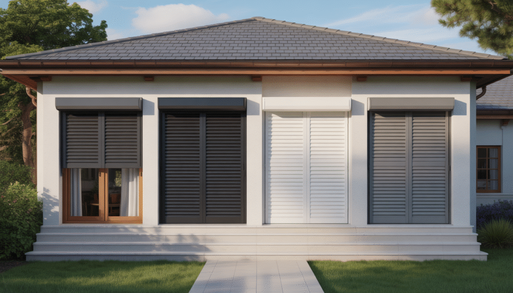 Volets extérieurs de différents types alignés sur une façade de maison avec divers matériaux et motorisation