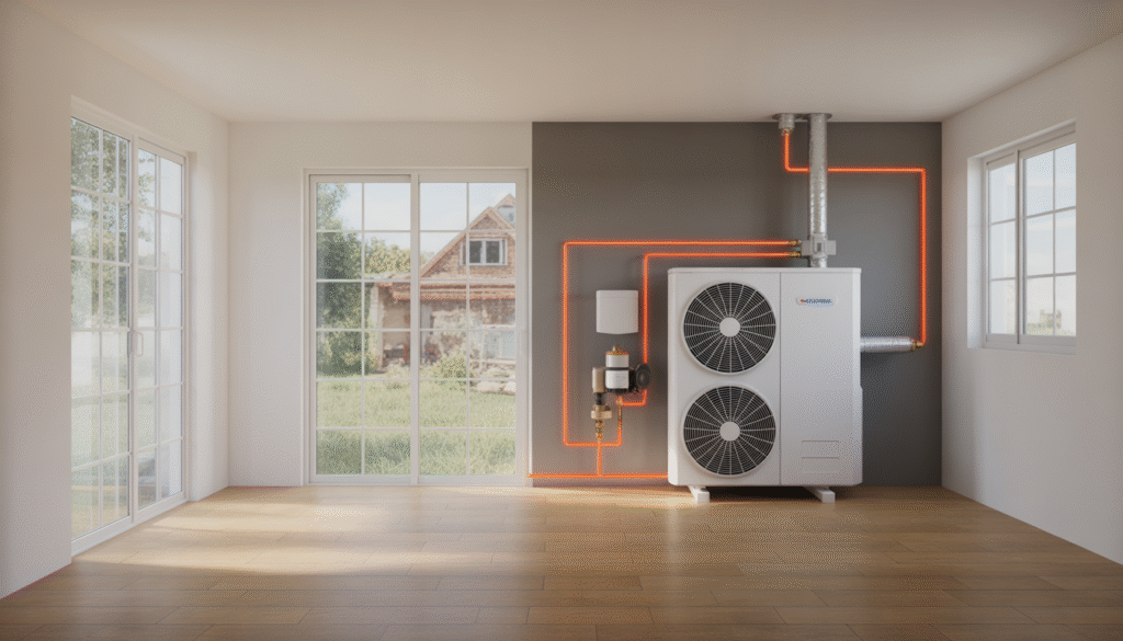 Technical illustration of heat pump in renovated house