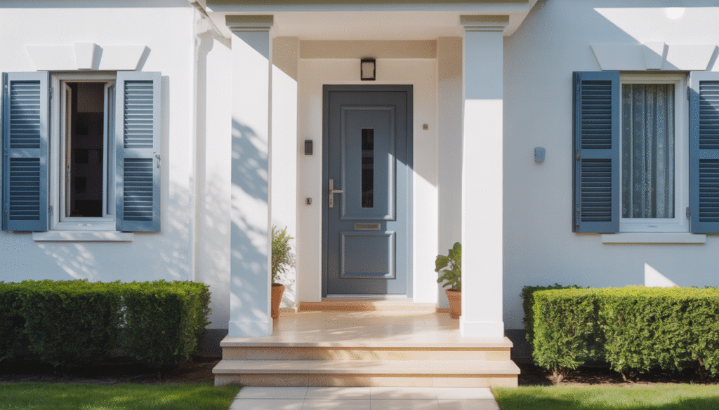 Modern PVC front door on sunlit house facade with clean design