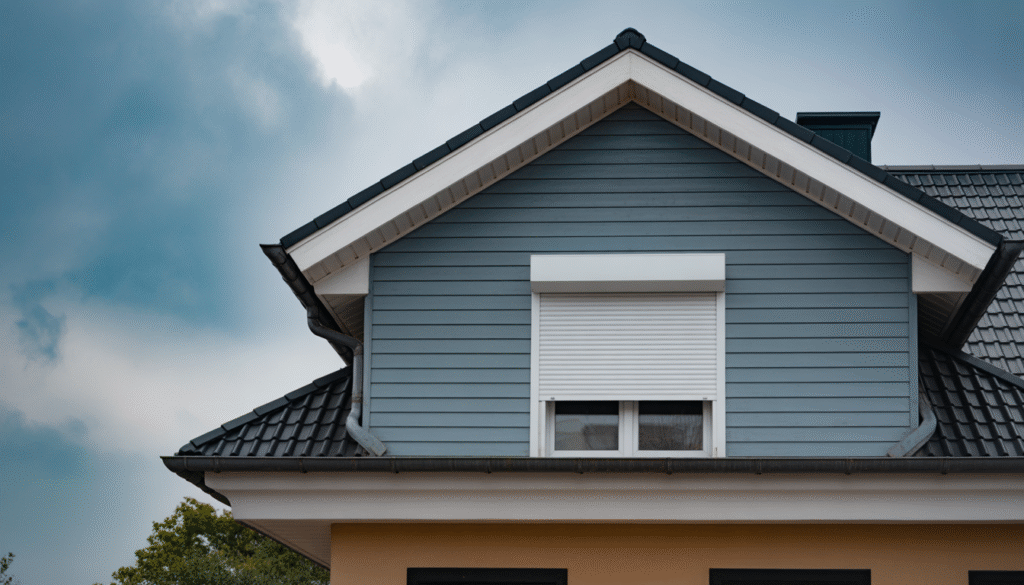 Maison avec différents types de volets (aluminium, bois, PVC) résistant à des vents violents lors d'une tempête